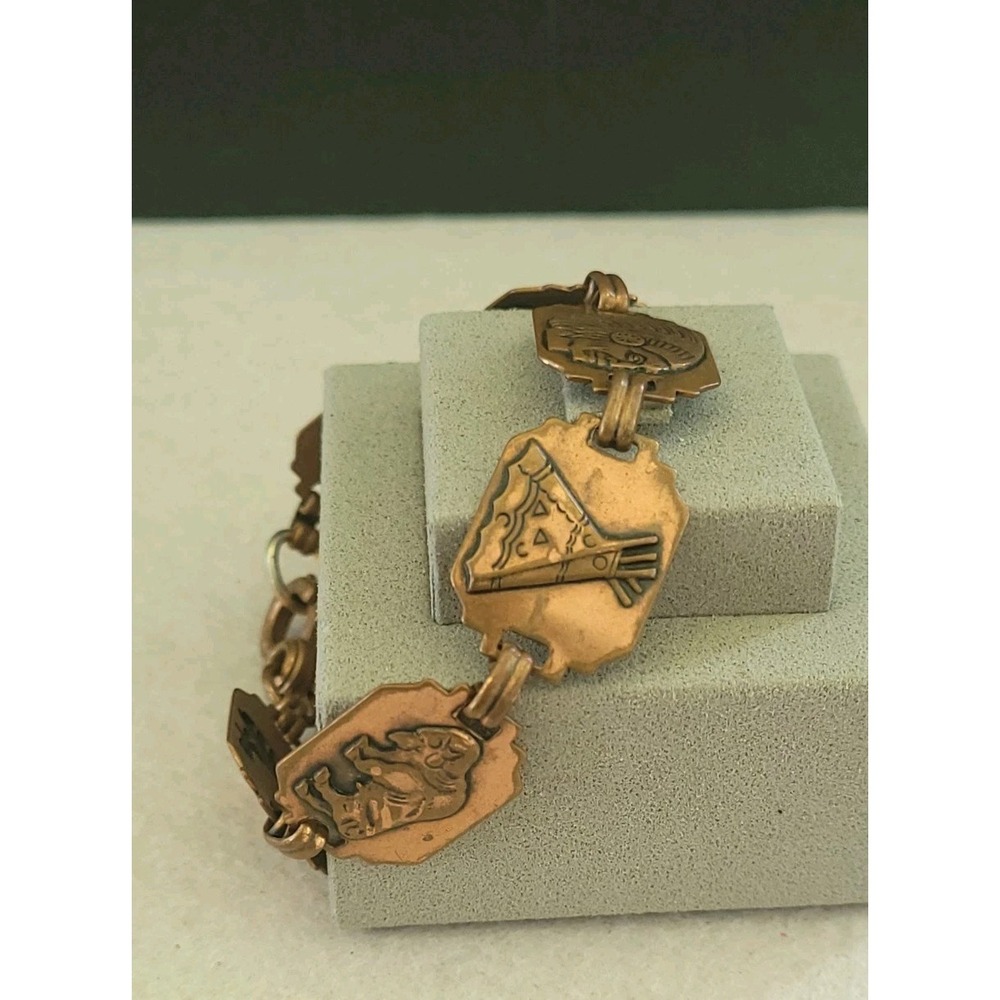 Vintage Copper Southwestern Pictorial Link Bracelet Buffalo Feather 14.09g